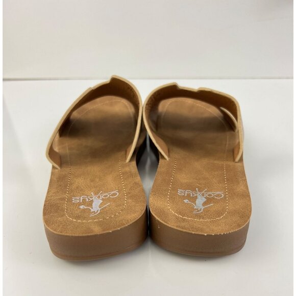 Corkys Sandals Women's 6 Bogalusa Slide Tan Faux Leather Open Toe Slip On Wedge - Picture 9 of 9